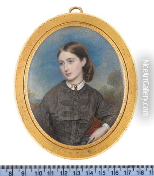 Mary Tower Wearing Brown Dress, White Blouse, Two Pendants On A Choker At Her Neck, Her Brown Hair Parted And Curled In A Large Knot At The Back Of Her Neck Oil Painting - Reginald Easton