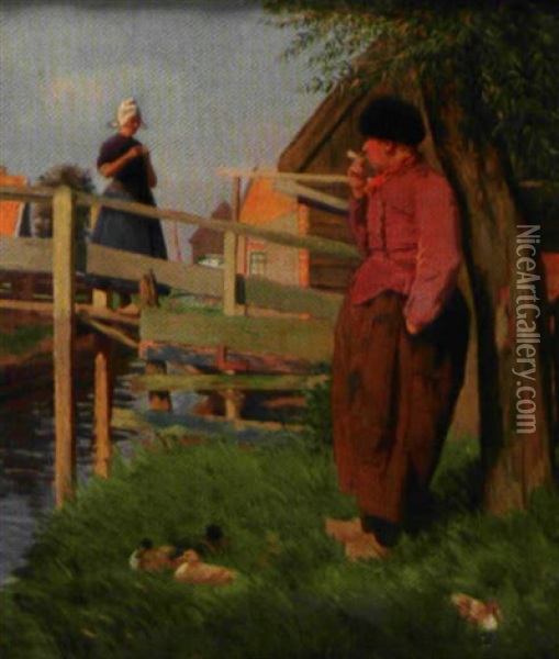 Scene Paysanne Animee Au Bord D'un Canal En Hollande Oil Painting - Jules Benoit-Levy
