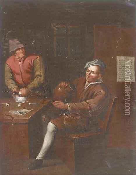Two men smoking and drinking in an interior Oil Painting - David The Younger Teniers