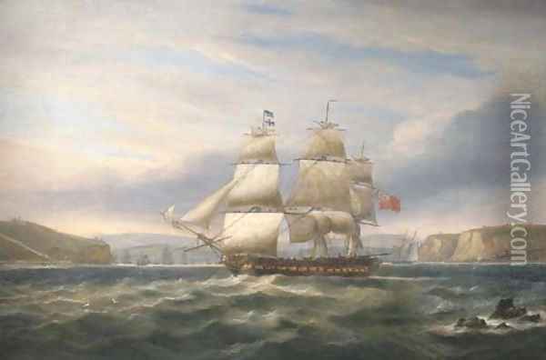 A British frigate of the 'Blockading Squadron' patrolling the harbour mouth at Brest Oil Painting - Thomas Luny