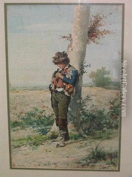Italian Peasant Boy Before A Country Landscape, And Another Similar Of A Peasant Girl Oil Painting - Guerrino Guardabassi