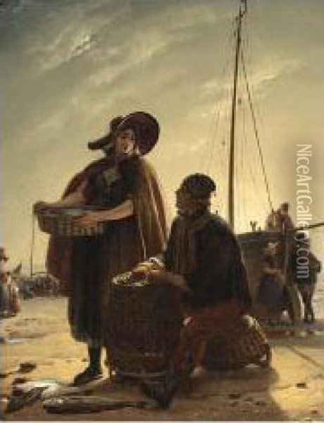 Fishermen On Scheveningen Beach Oil Painting - Jacobus Josephus Eeckhout