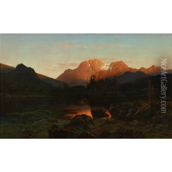Alpine Landscapes: Dawn With Bird In Flight - Midday With Heard Of Goats (pair) Oil Painting - Jean Francois Xavier Roffiaen