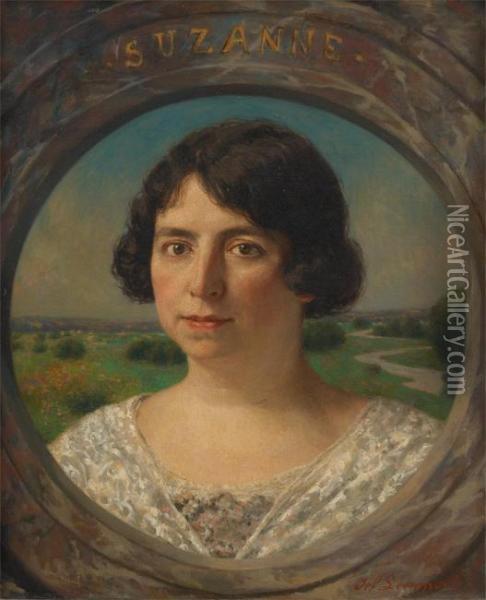 Portrait De Suzanne Sur Fond Depaysage Oil Painting - Jef Leempoels
