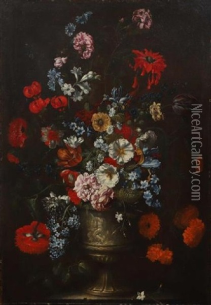 Bouquet De Fleurs Dans Un Vase Sculpte Sur Un Entablement Oil Painting - Gaspar Pieter Verbruggen the Younger