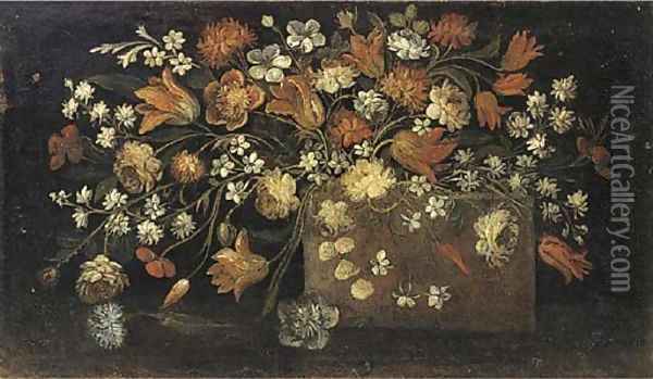 Tulips, roses and other flowers on a plinth Oil Painting - Italian School