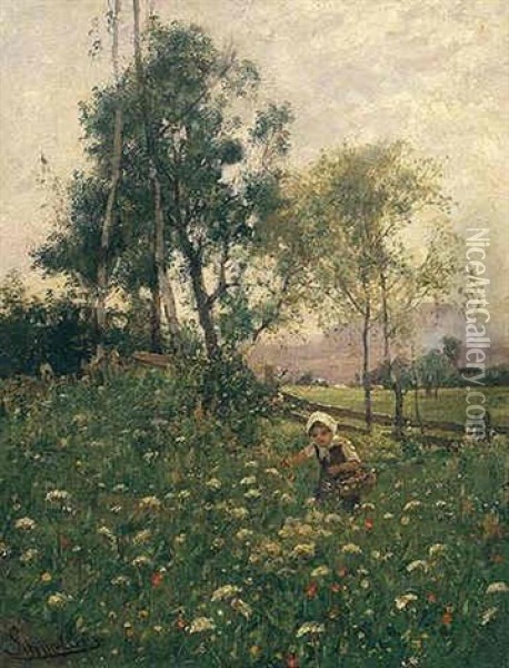 In Der Blumenwiese (picking Wild Flowers) Oil Painting - Emil Jacob Schindler