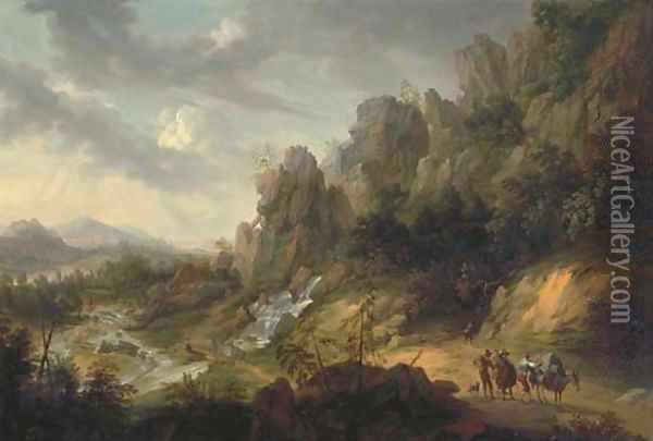 An extensive, rocky landscape with travellers on a path near a waterfall Oil Painting - Josef Orient