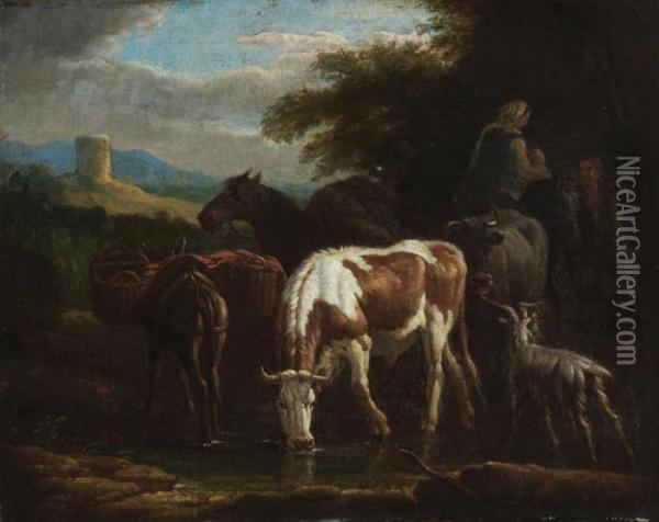 Hirtenfamilie Mit Vieh An Der Tranke. Oil Painting - Pieter van Bloemen