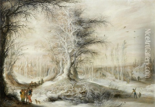A Winter Landscape Travellers, A Village Beyond Oil Painting - Gysbrecht Leytens