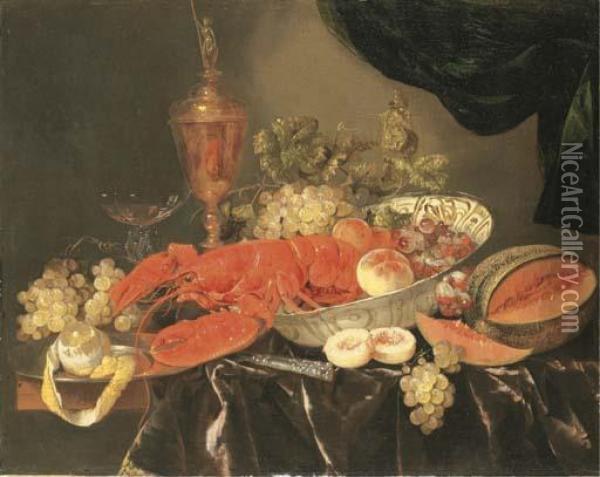 A Lobster With Grapes And A 
Peach In A Wan-li 'kraak' Porselein Bowl, A Silver-gilt Cup And Cover, A
 Facon-de-venise Wine Glass, A Melon, A Knife, And A Pewter Platter With
 A Partly Peeled Lemon On A Partly Draped Table Ledge With A Curtain Oil Painting - Abraham Hendrickz Van Beyeren