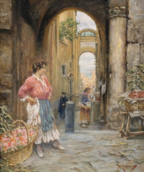 Altstadt Von Neapel Mit Einer Blumenverkauferin Oil Painting - Vincenzo Migliaro