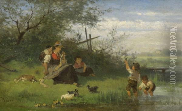 Mutter Mit Kinder Am Seeufer Oil Painting - Julius Noerr