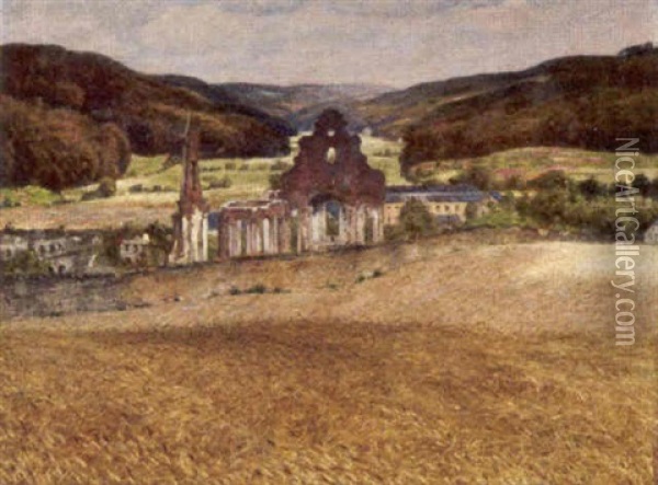 Blick Uber Reife Kornfelder Auf Kloster. Himerod In Der Eifel Oil Painting - Edmund Massau