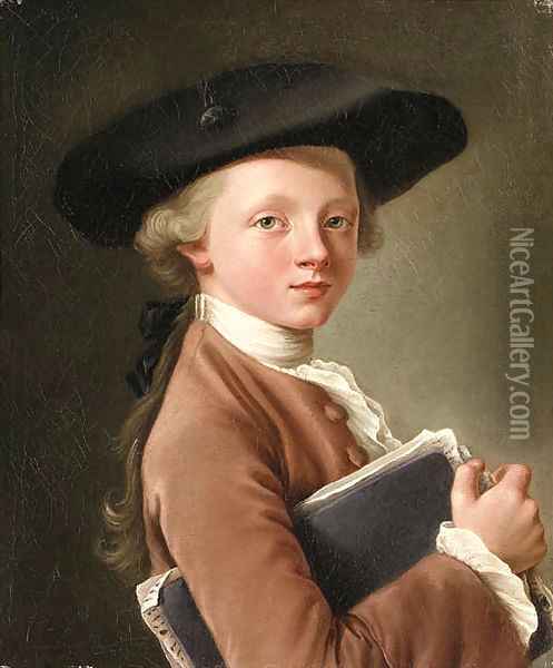 A Boy holding a Portfolio Oil Painting - Franois-Hubert Drouais