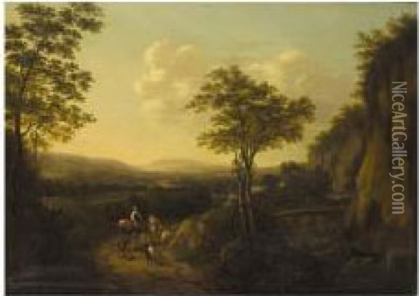 A Southern Landscape With Travellers Beside A Bridge Over A River Oil Painting - Willem de Heusch