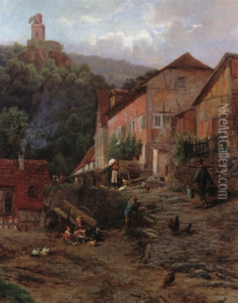 Burg Falkenstein - Ein Gehoft Im Taunus Oil Painting - Richard Fresenius