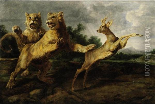 Two Young Lions Chasing A Roebuck Oil Painting - Frans Snyders