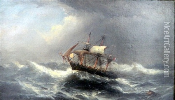 Ship In A Storm Oil Painting - James Hamilton