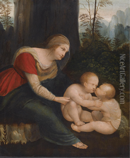The Madonna Looking Over The Christ Child And The Infant Saint John The Baptist Oil Painting - Leonardo Da Vinci