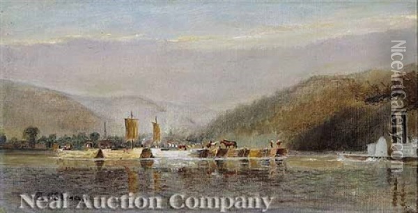 Steamboat And Barges On The River Oil Painting - Samuel Colman