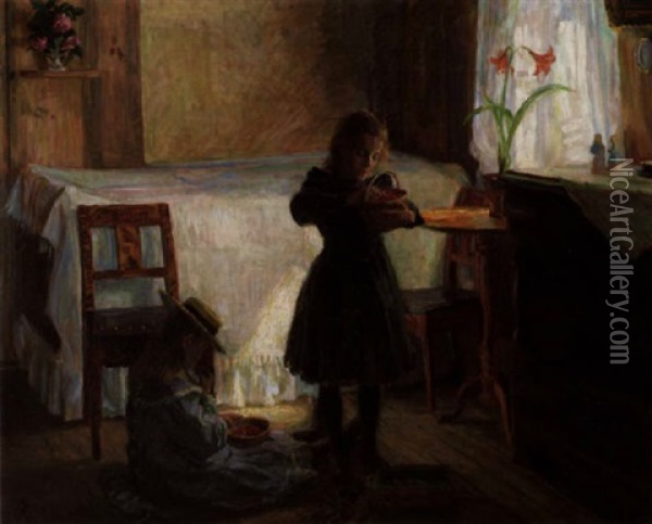 Piker I Interior Som Renser Baer Oil Painting - August Eiebakke