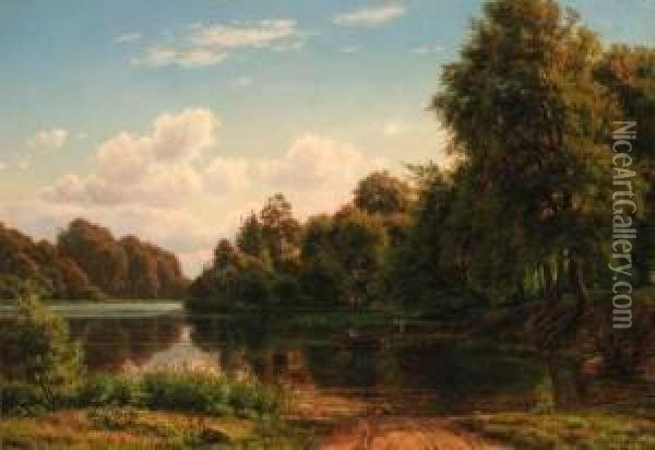 A Wooded River Landscape With A Fisherman And Figures By A Landingstage Oil Painting - Carsten Henrichsen