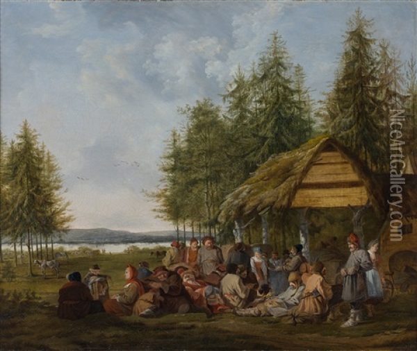 Paysans Russes Devant Une Isba Oil Painting - Charles Eschard