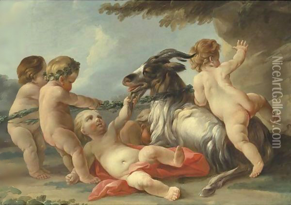 Putti Playing With A Goat Oil Painting - Eisen, Charles Joseph Dominique