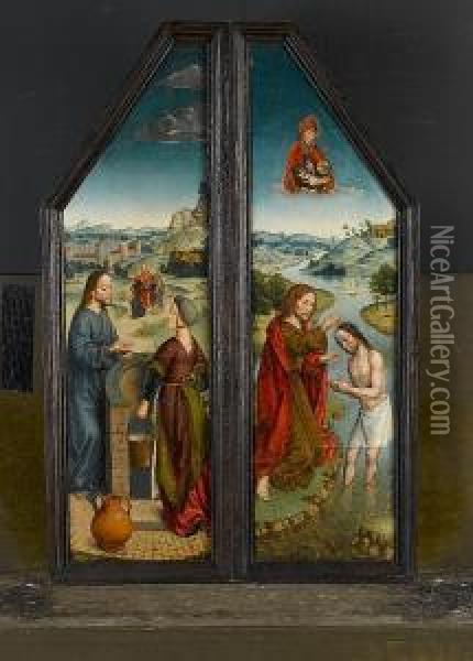 The Wings Of A Triptych: The Baptism Of Christ; And Christ And The Woman Of Samaria Oil Painting - Albrecht Bouts