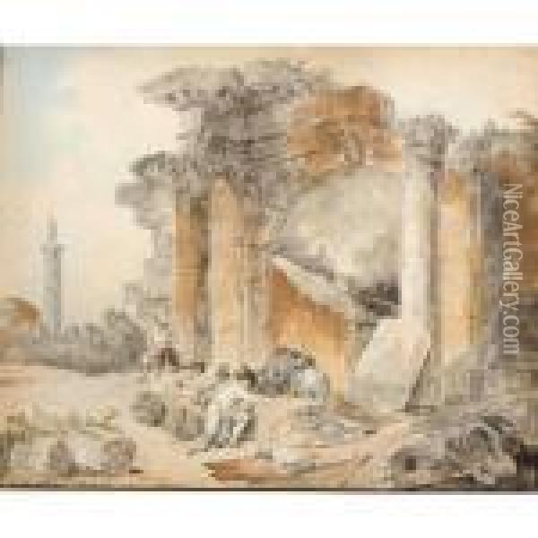 Men Playing Dice Among Classical Ruins Oil Painting - Hubert Robert