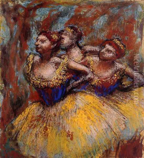 Three Dancers: Yellow Skirts, Blue Blouses Oil Painting - Edgar Degas