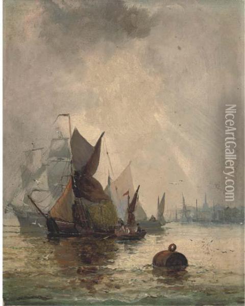 Hay Barges On The Medway (illustrated); And Figures Before Abeached Brig At Dusk Oil Painting - William A. Thornley Or Thornber
