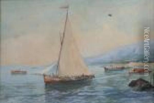 Paesaggio Costiero Con Barche Di Pescatori Oil Painting - Oscar Ricciardi