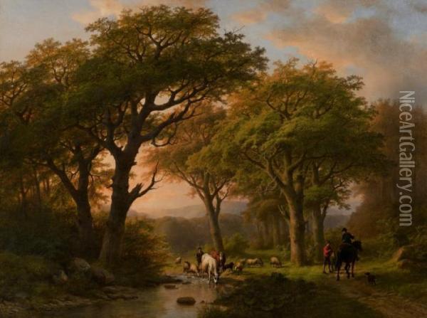 Sommerlandschaft Mit Hirte Und Wanderern Oil Painting - Johann Bernard Klombeck