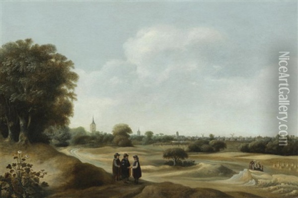 An Extensive Wooded Landscape With Figures On A Path In The Foreground Oil Painting - Anthonie Van Borssom
