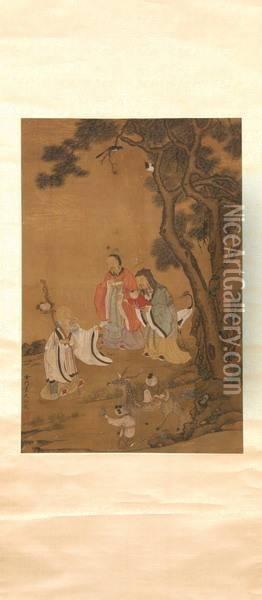 Scholars Under A Pine Tree Oil Painting - Leng Mei