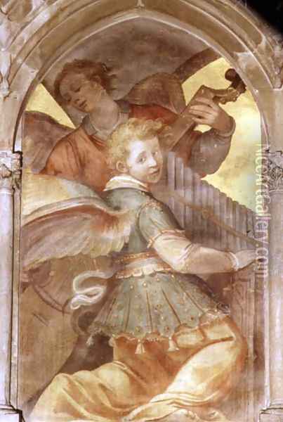 Musical angels within a trompe l'oeil cloister, detail of a angel with a portative organ, from the interior west facade Oil Painting - Santi Di Tito