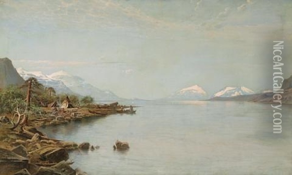 Indian Camp With Figures In A Boat On A Lakeshore Oil Painting - Olaf Jonas Grafstrom