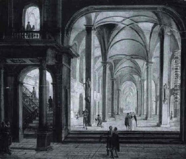 The Interior Of A Cathedral With Elegant Figures Gathered In The Nave Oil Painting - Georg Heinrick Hergenroder