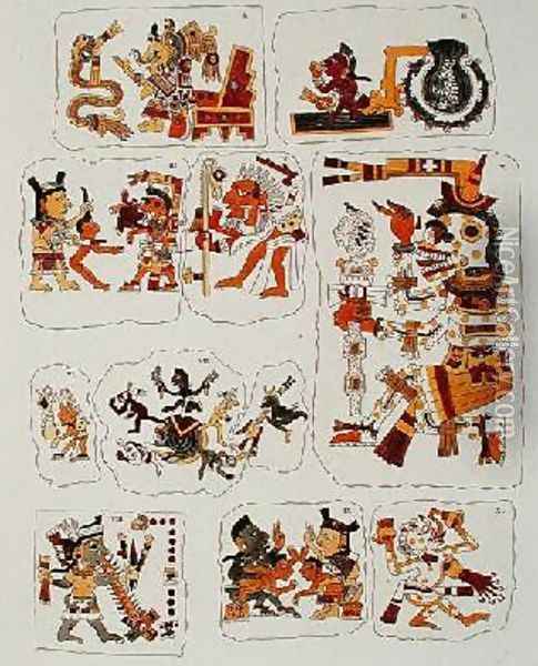 Facsimile copy of a page of the Borgia codexe depicting different scenes Oil Painting - Mixtec