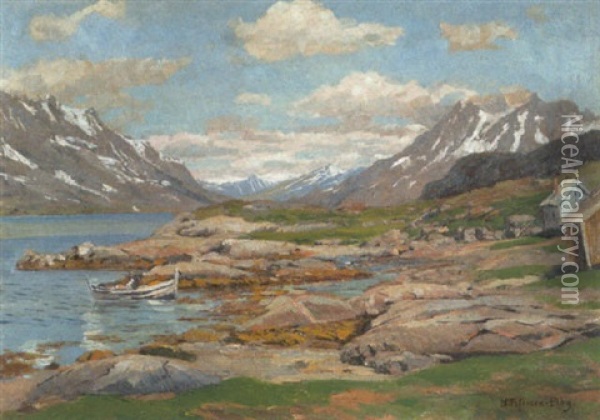 Norwegische Fjordlandschaft Mit Fischerboot Oil Painting - Heinrich Petersen-Flensburg