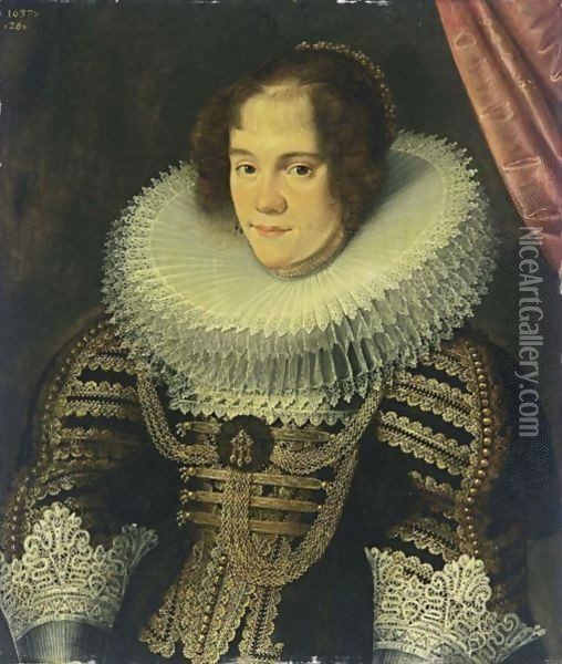 A Portrait Of A Lady, Aged 26, Half-Length, Wearing A Black Dress With Elaborate Gold Embroidery, Gold Chains, Lace Cuffs And Collar, Pearl Jewellery And Bonnet Oil Painting - Gotthardt von Wedig