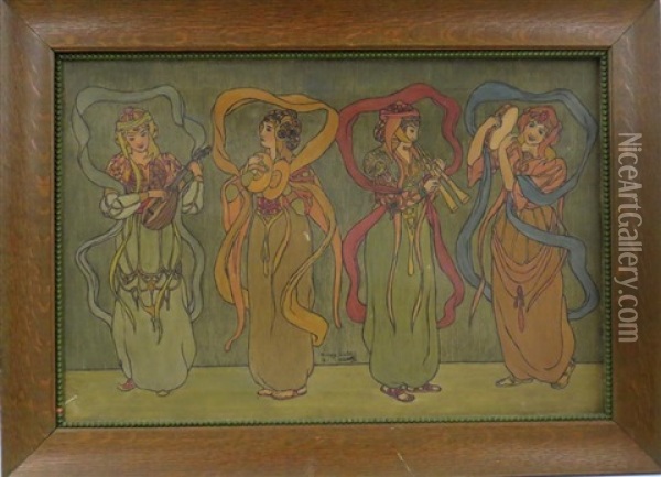 Arts And Crafts Depiction Of Four Dancing Women Oil Painting - Dawson Watson