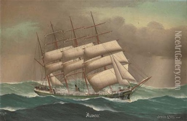 The Barque "alonso" In Heavy Seas Oil Painting - Reginald Arthur Borstel