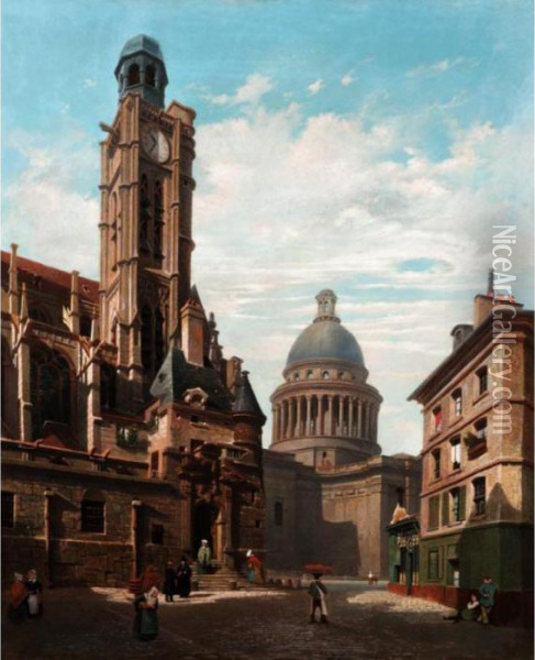 View Of The Pantheon And St. Etienne Church, Paris Oil Painting - Jules Dupre