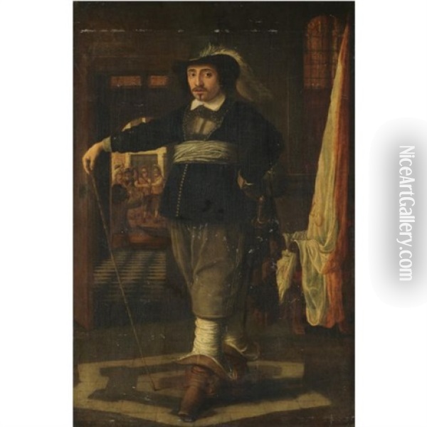 Portrait Of A Cavalier, In An Interior With Soldiers Loading Their Guns Beyond Oil Painting - Wolfgang Heimbach