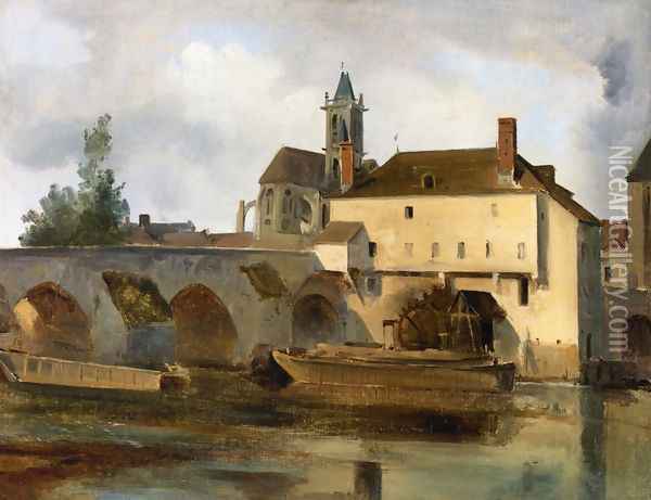 Moret sur Loing, the Bridge and the Church Oil Painting - Jean-Baptiste-Camille Corot
