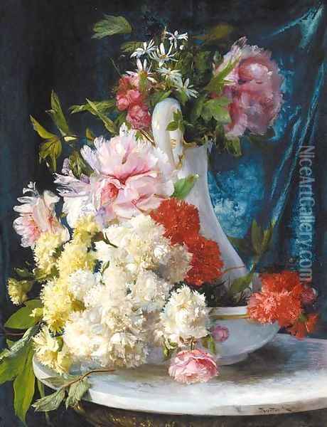 Summer flowers in a glass pitcher and bowl Oil Painting - Ricardo Marti