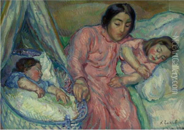 Mother Lulling Her Children To Sleep Oil Painting - Nikolai Aleksandrovich Tarkhov